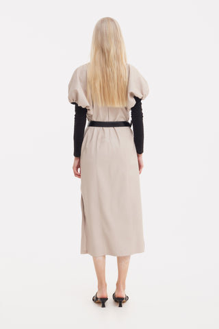 Puff Sleeve Faux Leather Midi Dress – Beige