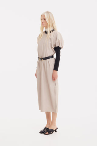 Puff Sleeve Faux Leather Midi Dress – Beige