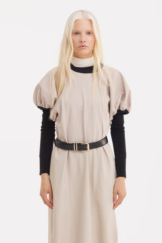 Puff Sleeve Faux Leather Midi Dress – Beige