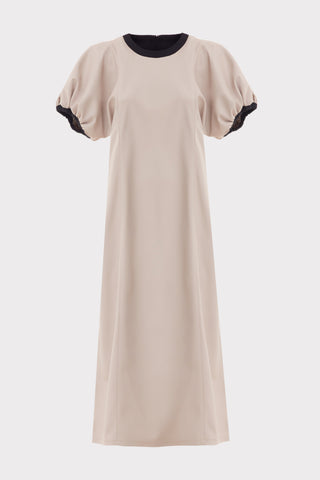 Puff Sleeve Faux Leather Midi Dress – Beige