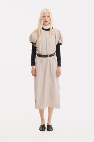Puff Sleeve Faux Leather Midi Dress – Beige