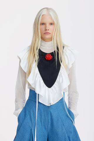 Ruffled Bib Collar With Red Beaded Brooch – Black
