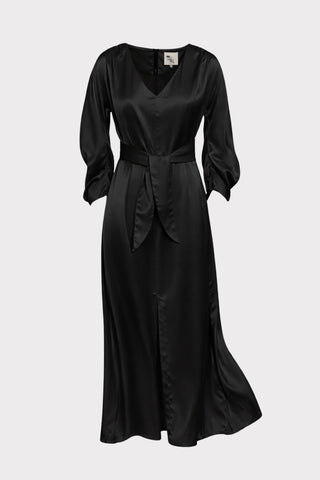 Satin Ankle-Length Dress With Belt - Black M Satin Ankle-Length Dress With Belt - Black M