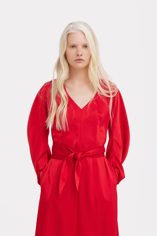 Satin Ankle-Length Dress With Belt - Red