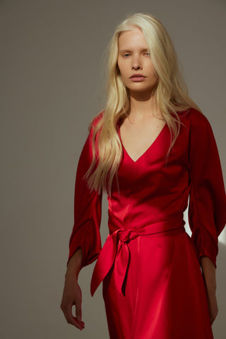 Satin Ankle-Length Dress With Belt - Red
