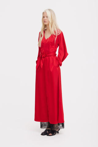 Satin Ankle-Length Dress With Belt - Red