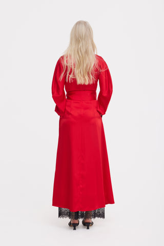 Satin Ankle-Length Dress With Belt - Red