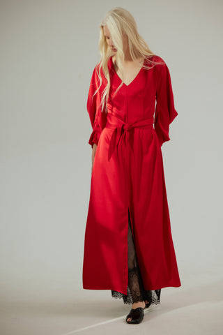 Satin Ankle-Length Dress With Belt - Red