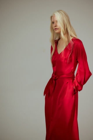 Satin Ankle-Length Dress With Belt - Red