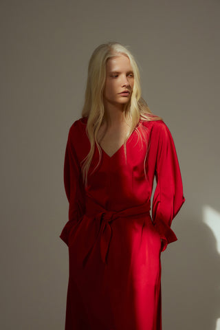 Satin Ankle-Length Dress With Belt - Red