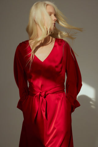 Satin Ankle-Length Dress With Belt - Red
