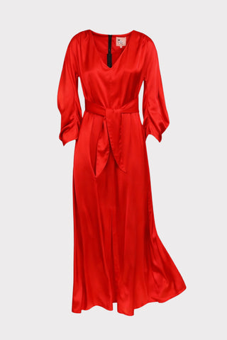 Satin Ankle-Length Dress With Belt - Red