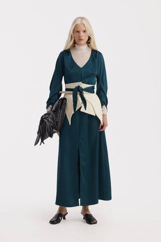 Satin Ankle-Length Dress With Belt - Turquoise