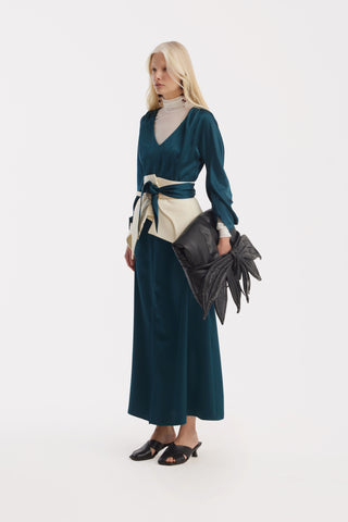 Satin Ankle-Length Dress With Belt - Turquoise
