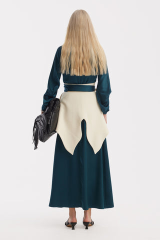 Satin Ankle-Length Dress With Belt - Turquoise