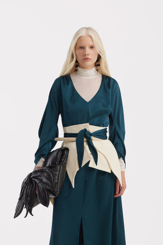 Satin Ankle-Length Dress With Belt - Turquoise