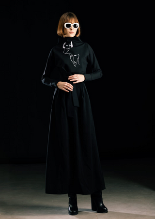 High Waist A-Line Black Long Skirt With Belt