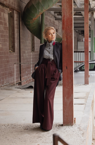 Burgundy High Waist Long Wide Leg Trousers