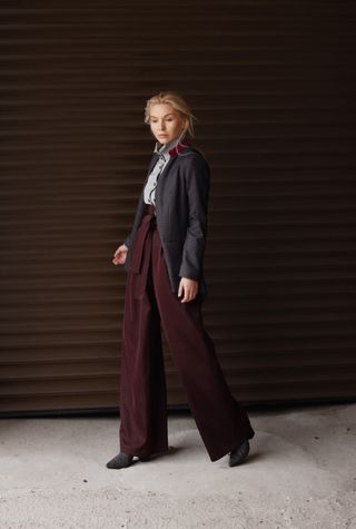 Burgundy High Waist Long Wide Leg Trousers