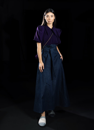 Dark Blue Denim Long Skirt With Belt