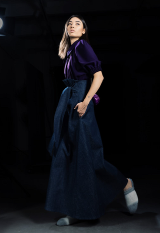 Dark Blue Denim Long Skirt With Belt