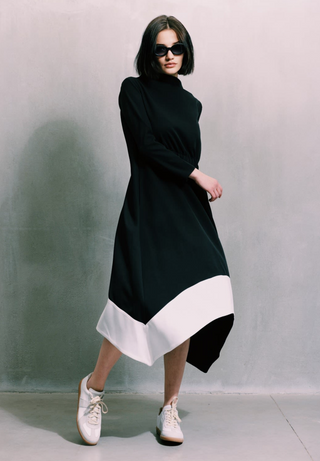 Black-White Midi Dress Long Sleeves