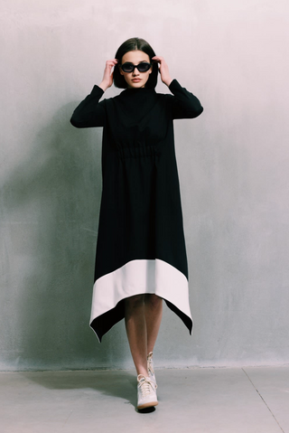 Black-White Midi Dress Long Sleeves