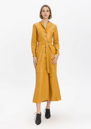 Yellow Long Button-Up Eco-Leather Trench