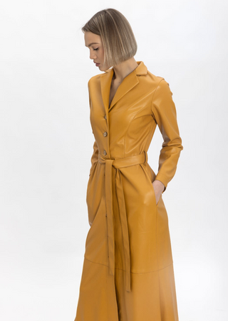 Yellow Long Button-Up Eco-Leather Trench