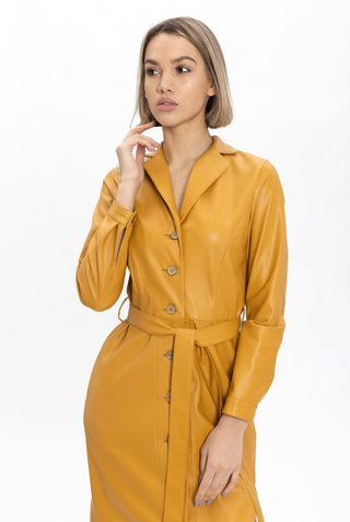 Yellow Long Button-Up Eco-Leather Trench