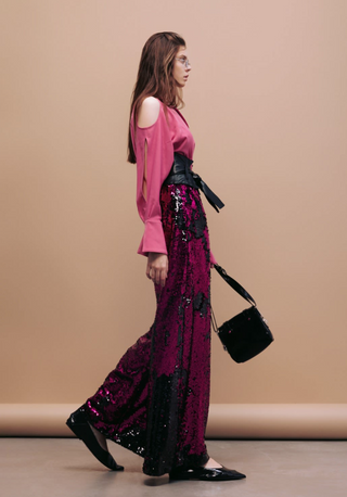 Palazzo Trousers With Double-Sided Sequins Black Pink