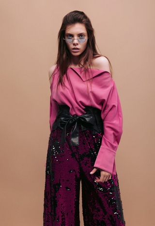 Palazzo Trousers With Double-Sided Sequins Black Pink