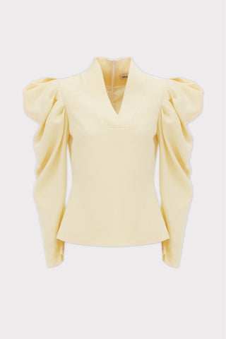 Sculpted V-Neck Blouse with Dramatic Sleeves - Pale Yellow