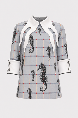 Semi-Formal Pale Blue Seahorse Blouse Grid Print With Double Contrasting Details - Capsule Edition
