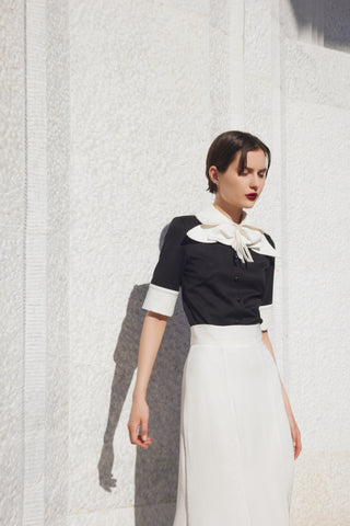 Short Sleeve Formal Bow Blouse - Black