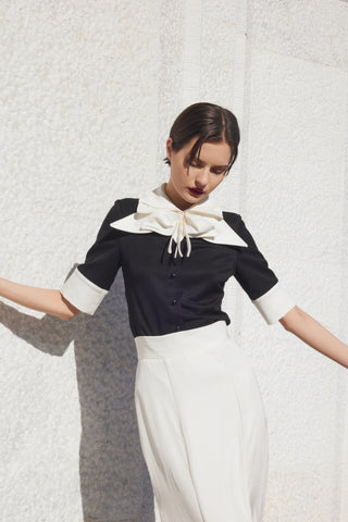 Short Sleeve Formal Bow Blouse - Black