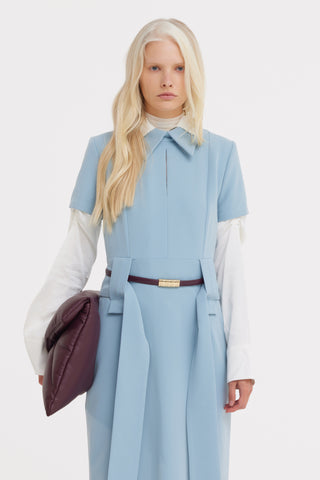 Short Sleeve Midi Dress With Belt - Light Blue