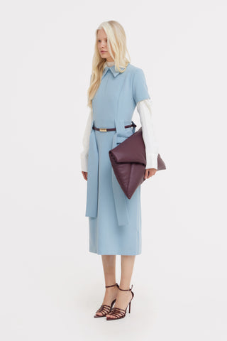 Short Sleeve Midi Dress With Belt - Light Blue