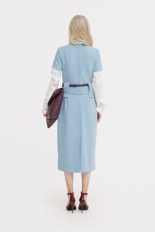 Short Sleeve Midi Dress With Belt - Light Blue