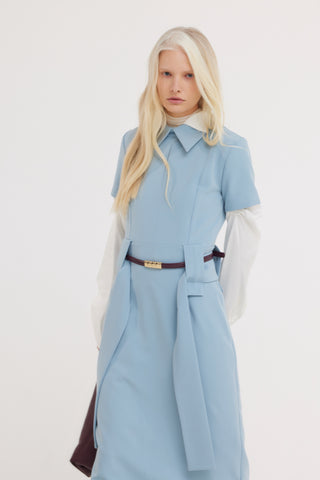Short Sleeve Midi Dress With Belt - Light Blue