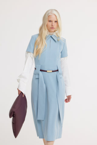 Short Sleeve Midi Dress With Belt - Light Blue