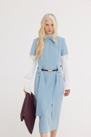 Short Sleeve Midi Dress With Belt - Light Blue