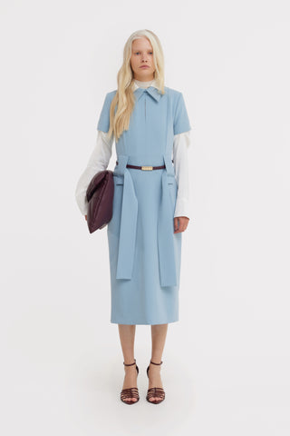 Short Sleeve Midi Dress With Belt - Light Blue