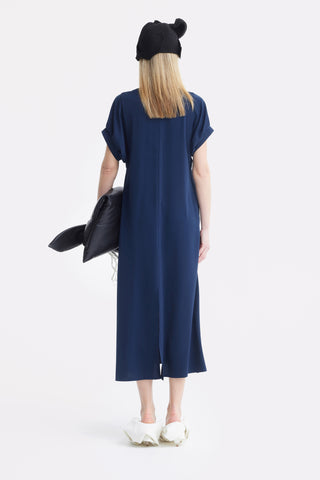Silky Touch Midi Dark Blue Dress With Handmade Floral Appliqué
