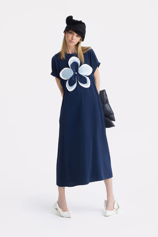 Silky Touch Midi Dark Blue Dress With Handmade Floral Appliqué