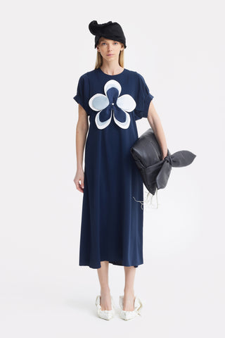 Silky Touch Midi Dark Blue Dress With Handmade Floral Appliqué