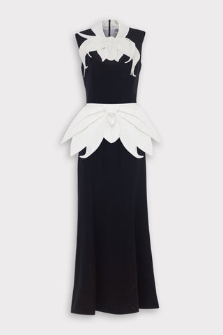Sleeveless Midi Dress With Sculptural Floral Collar – Black & Ivory