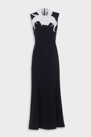 Sleeveless Midi Dress With Sculptural Floral Collar – Black & Ivory