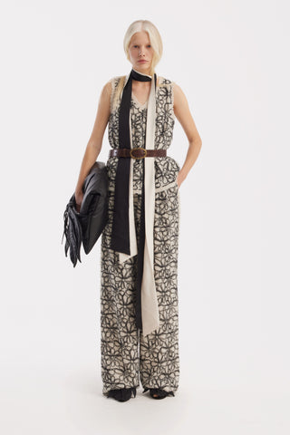 Elastic Waist Abstract Textured Wide Pants - Ivory