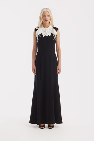 Sleeveless Midi Dress With Sculptural Floral Collar – Black & Ivory